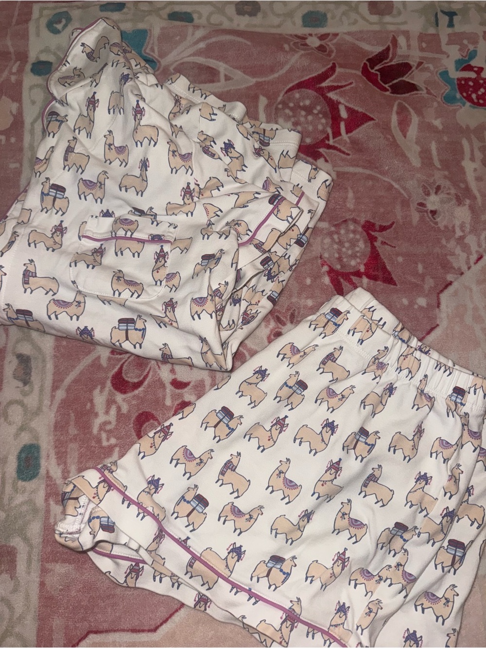 Roller Rabbit Cream Llama Print Pajama Set with Purple Trim